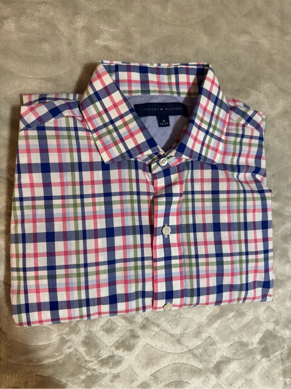 Tommy Hilfiger Men’s Blue, Pink, Green & White Plaid Button-Down Shirt